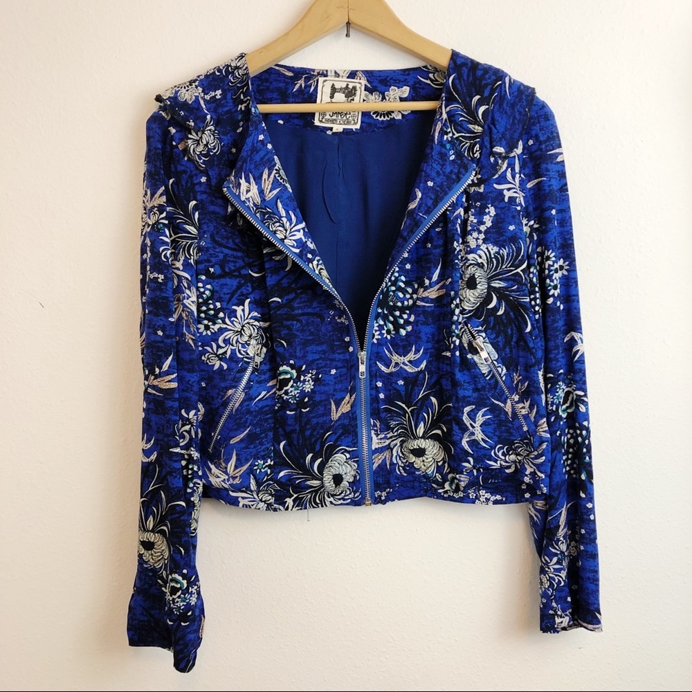 Jaase Boho Floral Cropped Blue Black Zipper Jacket - Picture 2 of 7